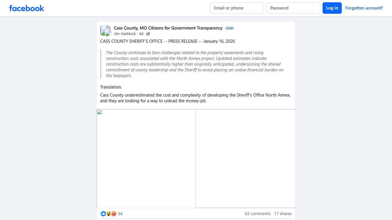 Cass County, MO Citizens for Government Transparency CASS COUNTY SHERIFF'S OFFICE -- PRESS RELEASE -- January 16, 2026 Facebook